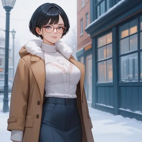 winter， on the lace {x} a girl with short black hair wearing glasses smiles，Standing on lace ，Medium close-up，Business-friendly ， white down jacket，bank