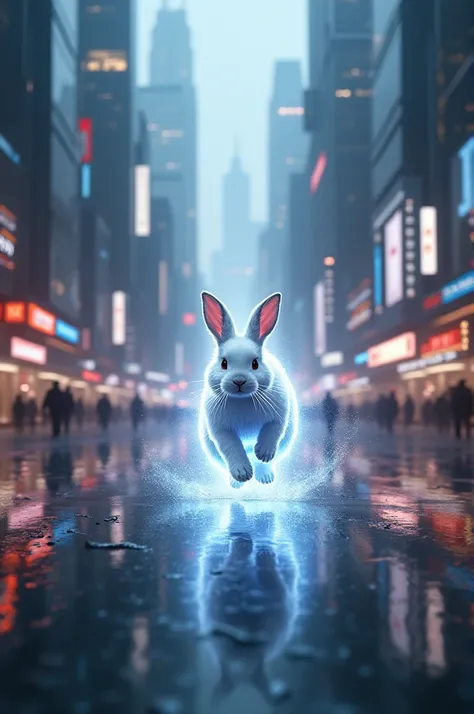 A glowing white rabbit running down the street of a futuristic city