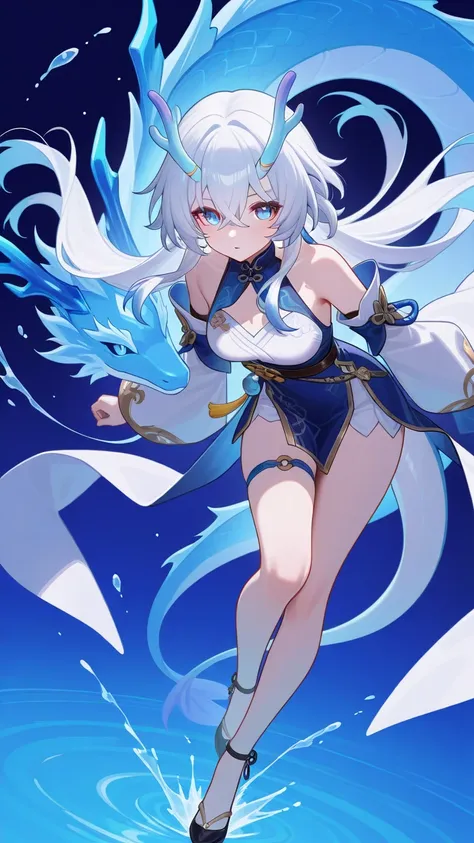 (masterpiece, best quality:1.2), Create a character in the style of the Honkai Star Rail game with white hair, water dragon horns and tail, white and blue eyes and wearing a Chinese style outfit with shades of light blue and white. 