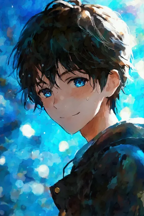 (( top quality)), ((masterpiece)), (  Details),  one boy,Idol,birthday,Live,pants,slim,blue eyes,black hair,happy smile,solid blue background,face,cute