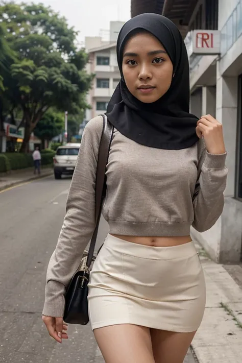 An Indonesian sweet beautiful young college girl, slim body, preety georgeus face, about twenty years old, descent mixed from sundanese and malay,   walking cheerful on Bogor city side walk in the morning, wearing long sleeve ordinary clothes like normal I...