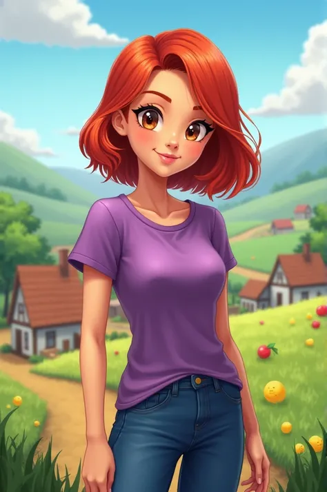  Character Stardew Walley red-haired girl with hair cut in the middle,  brown eyes,  blue pants , purple t-shirt 