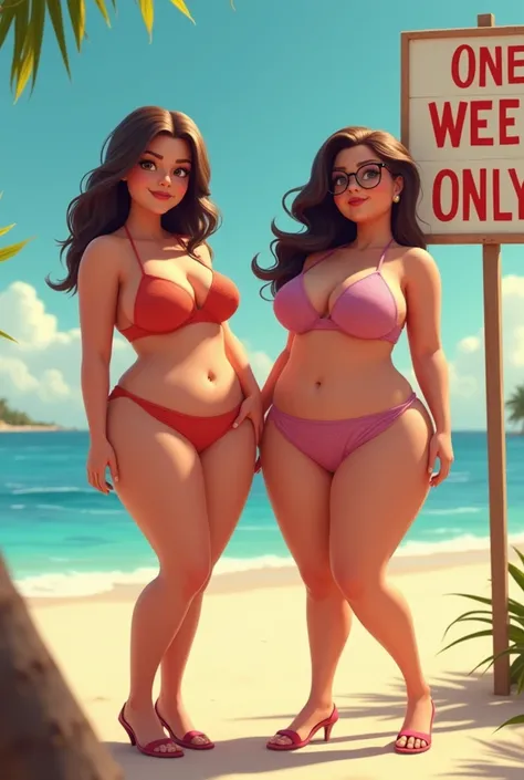 two beautiful naked women, one woman with shoulder length haircut, big boobs, another woman with wavy hair, glasses, big boobs, Pixar style, standing next to a sign that says "ONE WEEK ONLY", on a beach, cartoon, humor, comic strip, ink, funny cartoons, hi...