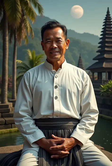  A handsome young Indonesian realistic, 50 years old .  wearing a white balinese traditional shirt with neat buttons,  wearing black white kemben cloth ,  white bali on the head , Sitting in front of the temple,  there is sesame and smoky incense ,  hands ...