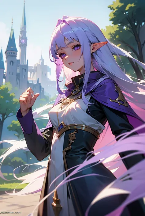 Elven lady 20-22 years old ,  purple eyes ,  white long hair ,  with the magic academy in the background