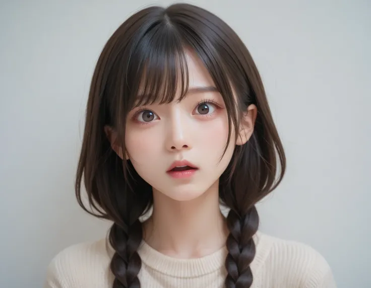  score_9, score_8_up, score_7_up, super detailed,  exquisite resolution  ,   Detailed beautiful face and eyes,  black hair,   straight hair, ,Surprised face with eyes wide open, viewers of the pin、 braids 、 beige cardigan 