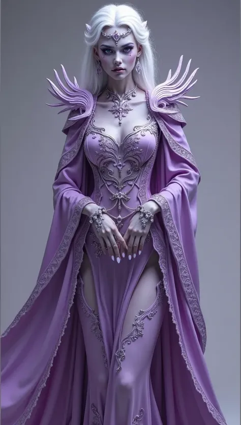 Color Palette:

Soft shades of purple, lavender, and silver dominate the skin.
This color scheme gives her a mystical yet slightly elegant appearance.
Design:

Her outfit is adorned with intricate patterns and royal-looking accents, elevating her usual und...