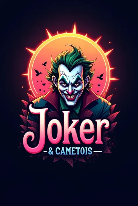 3d drawing, Logo design, digital style , text ,Pastel tones,There is a Joker in the , black background, text OUTDOOR อยู่ในวงแหวนสีดำมีไฟอยู่รอบๆ
มีพระอาทิตย์มีนก