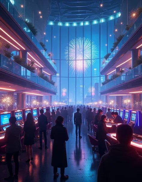 (best quality,4k,8k,highres,masterpiece:1.2),ultra-detailed,realistic,photorealistic:1.37,large gambling casino with neon lights, sci-fi , future casino, high-tech, A high-tech casino lobby decorated with vibrant neon lights, filled with excited people pla...