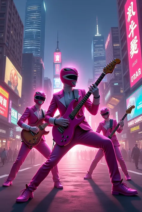 pink powerrangers are playing pink electric guitar, stylish rocker background city and building 