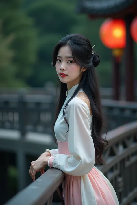  Chinese Woman ， Exquisite Face ，cute， Very Beautiful Face ， Exquisite Eyes on Handrail ，Good figure，thin waist， Wide Hips ， Body Size 35" Bust ，  24" Waist ， 39" Hips ，27 years old， HD，8k， Chinese Song Dynasty Palace Costume， Long Sleeve ，long skirt，Waist...