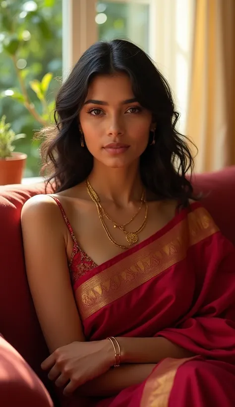 A stunningly realistic 21-year-old South Indian woman with radiant skin, lively expressions, and waist-length black hair styled in soft waves. She is lounging on a cozy couch in a sunlit living room, dressed in a vibrant, deep-red saree with golden borders...