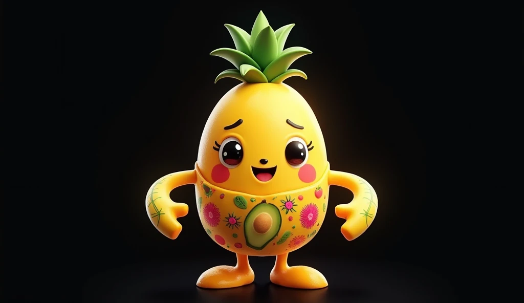 make a cute type of mellon,banana,orange,apple,avocado,pineapple,watermellon. with extra hands and feet as well as a cute costume with a summer theme, with a plain black background