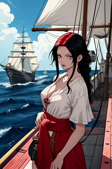  Screenshot of one piece . Girl with straight black hair with red locks and long ,fringe,  has slanted eyes very light and bright blue , with long eyelashes , She has an expression that would be ,  with very white skin and pink lips ,  is dressed as a pira...