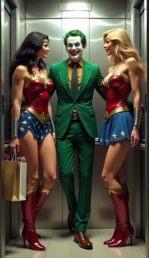 Joker is coming inside the lift and saw wonder woman and, Supergirl costume with shopping bags, loughter emotion.