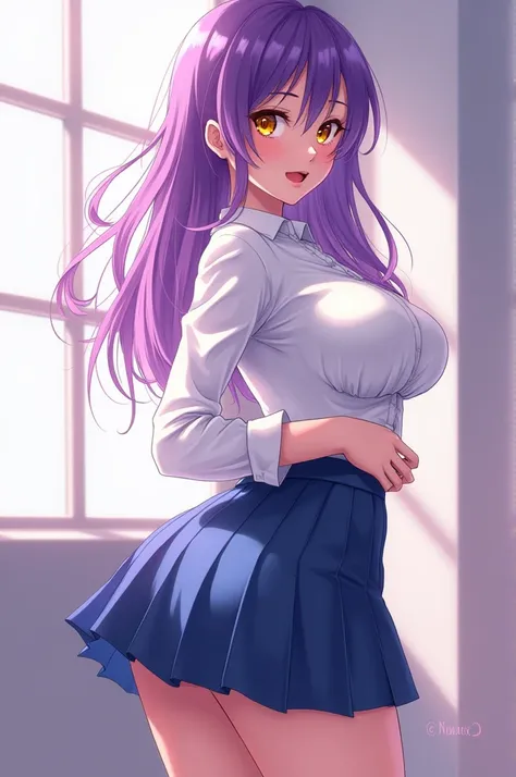 Anime, sexy student with blue skirt and white blouse, she has purple hair, yellow eyes, big breasts, big ass