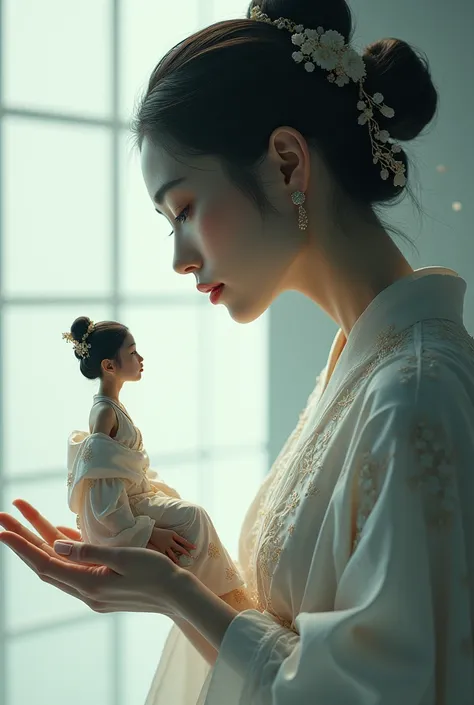 A stunning Japanese woman delicately perches atop the cupped palm of a colossal woman, creating a captivating tableau that blurs the lines between grandeur and grace.