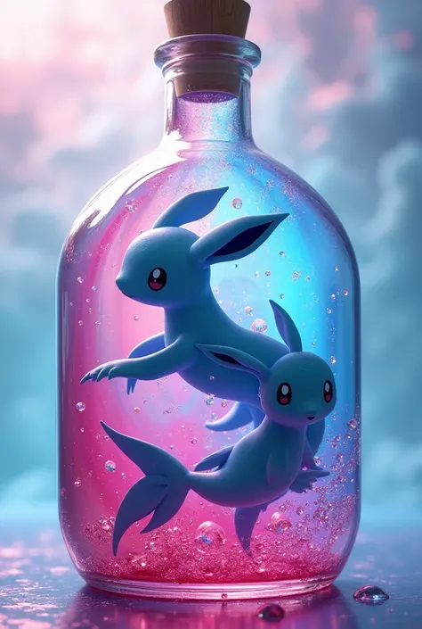 Two Pokémon vaporeons swimming in a pink and blue alcohol bottle 