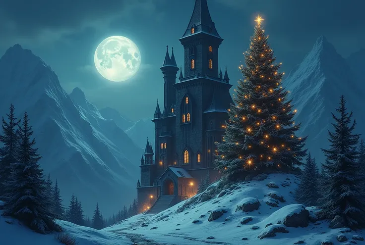 An evil sorcerers tower (dark and ominous, glassy opaline stone) on a mountain top, has decided to improve his image, and decorated his tower for Christmas, moonlit mountain top