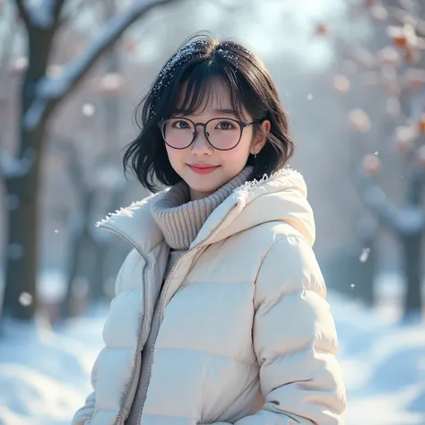 Snow in winter， on the lace {x} a girl with short black hair wearing glasses smiles，Standing on lace ，Medium close-up，Business-friendly ， white down jacket，bank