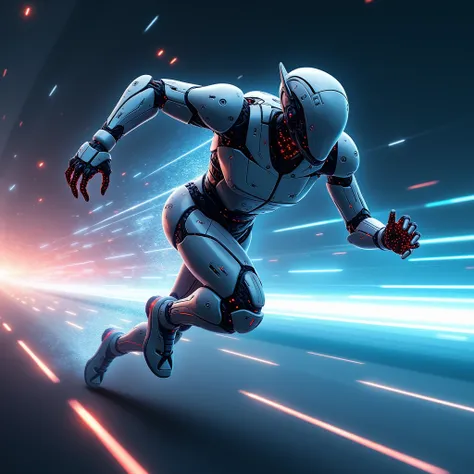 human like a robot fast running, sideways, with technology lines on mikyway, blue and red color and power is speed