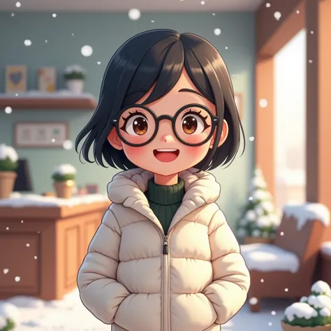 Snow in winter， A girl with short black hair and glasses smiles，Standing on lace ，Medium close-up，Business-friendly ， white down jacket，bank，Cartoon