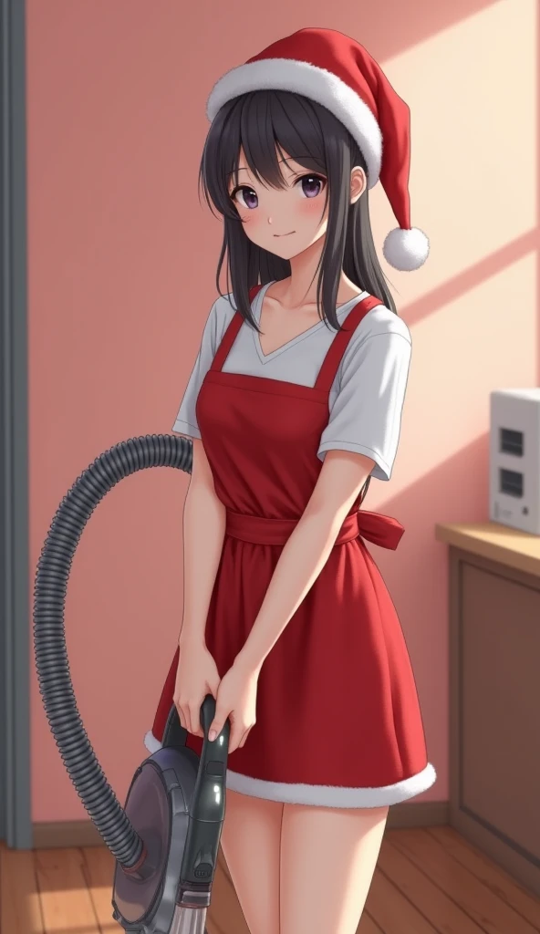 Realistic. Photorealistic. Image is vibrantly colored.
photo,Highly detailed

A young and very beautiful Japanese girl is standing and vacuuming,
looking at the camera with a smile
holding the vacuum cleaner in her hand and cleaning the floor,
wearing a Sa...