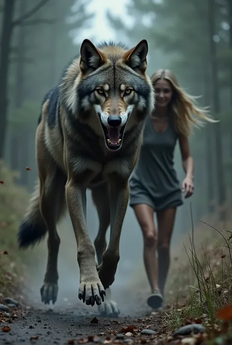 A dangerous Wolf in human form who wants to rape a helpless women and the women is running away from him