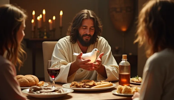  Jesus is seated at a modest table ,  surrounded by several simple dishes that represent a meal shared with friends and followers.  In his hands he delicately holds a dove ,  that symbolizes peace and the Holy Spirit ,  while his face reflects a serene and...