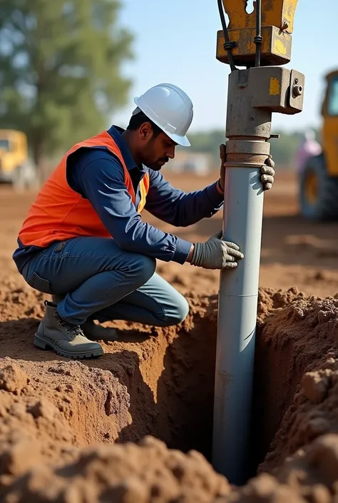 A person with a white helmet  ( engineer) making a manual tubular well that the tube is for downward 