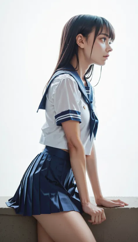 Dusk at dusk, tight sailor uniform, navy blue pleated mini skirt, looking sideways and upwards, gazing into the distance, melancholy