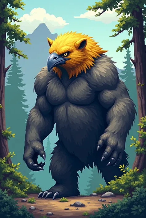 16-bit sprite hybrid with the characteristics of a yellow crow and gray grizzly bear.