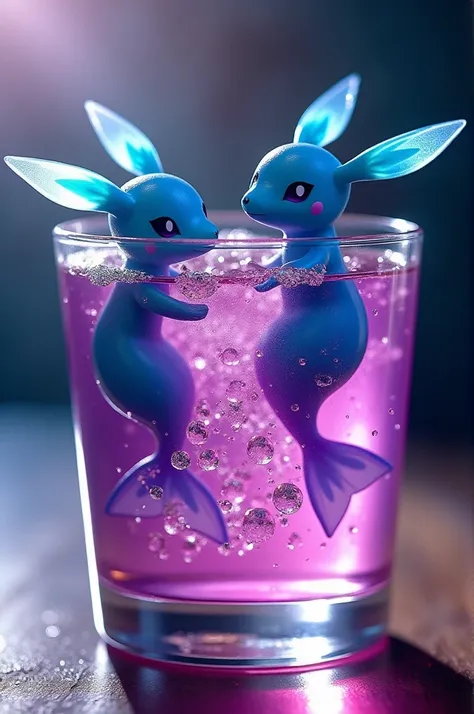 Two vaporeons swimming in a purple and pink glass of alcohol 