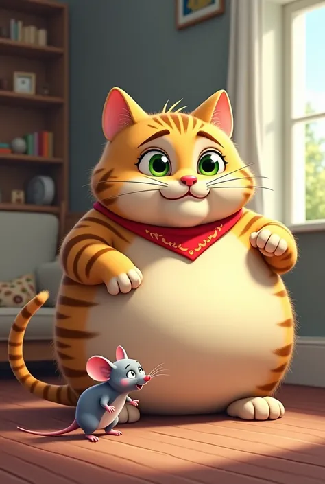 A big chubby cream-colored tabby cartoon Cat (green eyes, always looking sleepy or smug)is pointing finger on    A small sleek, gray cartoon mouse (white belly and a red bandana, full of energy)inside the house