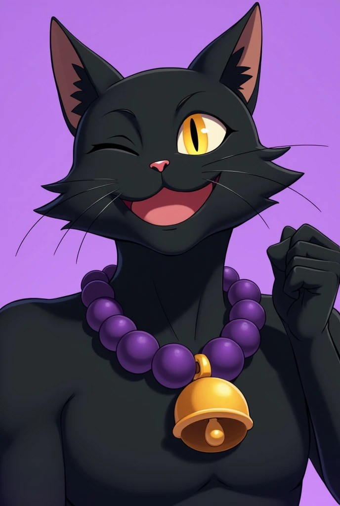  male character,black cat with the shape and body of a human , dark yellow eyes,purple necklace with golden bell ,winking, with one hand, the fist closed and the index and middle fingers raised, purple background 