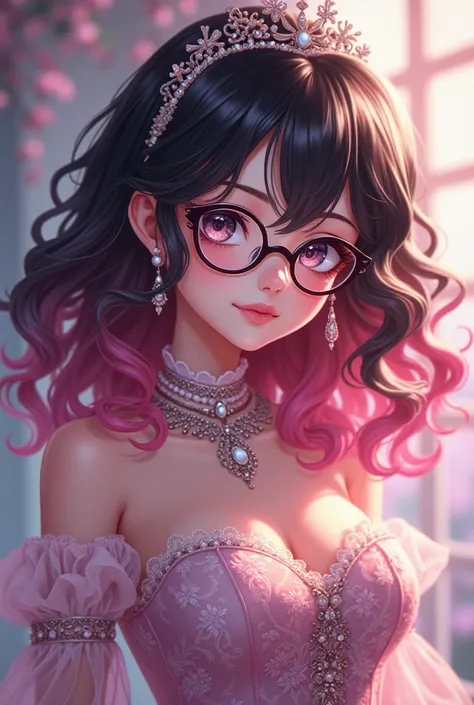 Can you create me a anime girl with pink black long Curley hair glasses and a princess outfit that’s  