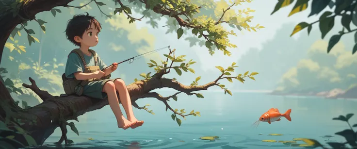  sitting on a branch，Kids fishing