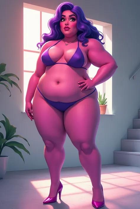 A thick woman whit pink skin and purple hair wearing a bikini, purple stockings and pink heels