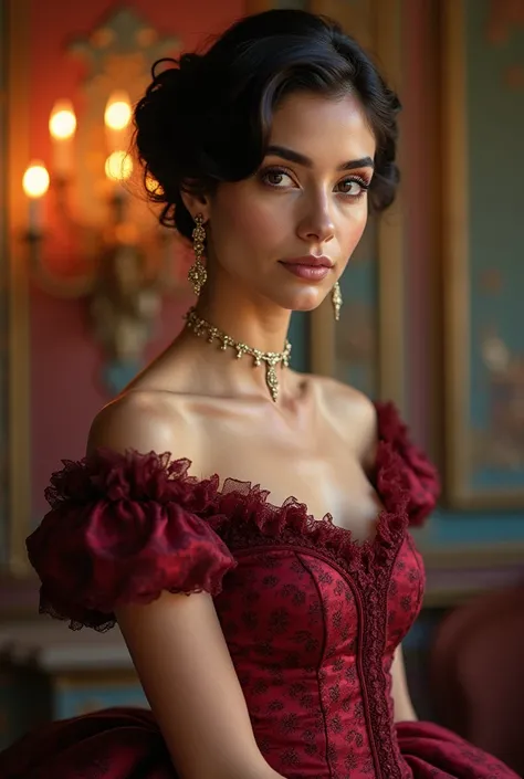 Beautiful latina woman perfect body short brunette hair,  dressed in elegant victorian era 19th century American colorful conservative formal studio lighting,  beautiful background 