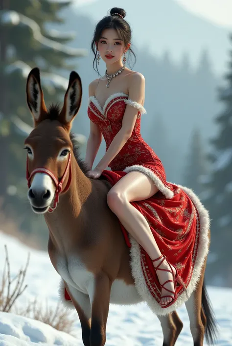 Ein 2m girl (Asian) In hot Christmas costume and strappy high heels sitting on a donkey