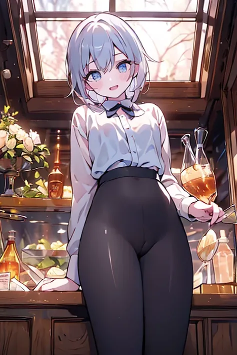 (from below:1.3,Best Quality),a girl , platinum color hair、bartender uniform:1.2,Purplish blue eyes that dreamers desire, small stature, medium , Lori face, (masutepiece:1.2, Best Quality), (finely detailed beautiful eye: 1.2), (beautifull detailed face), ...