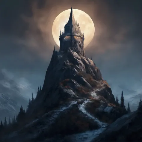 An evil sorcerers tower (dark and ominous, glassy opaline stone) on a mountain top, has decided to improve his image, and decorated his tower for Christmas, moonlit mountain top
