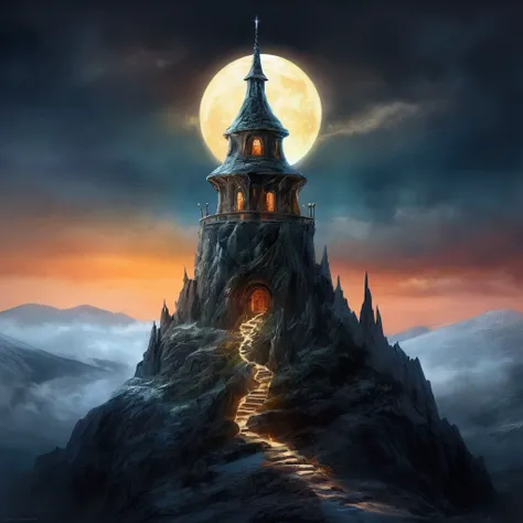 An evil sorcerers tower (dark and ominous, glassy opaline stone) on a mountain top, has decided to improve his image, and decorated his tower for Christmas, moonlit mountain top
