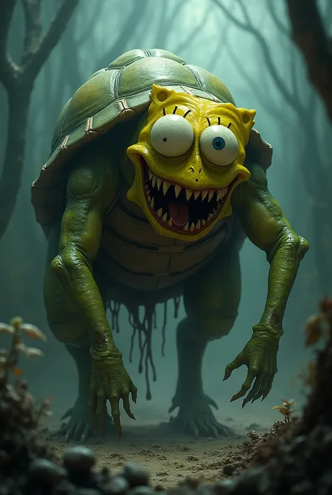 Fusion between SpongeBob , Turtle and horse a scary being 