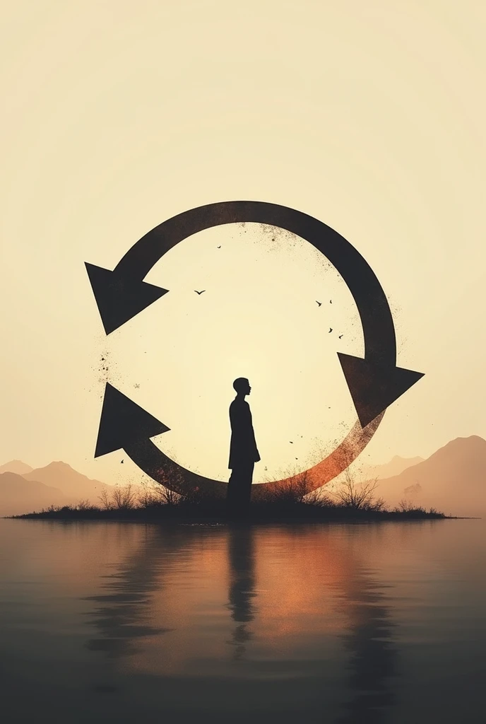 A circular design with two arrows moving in a loop to symbolize karma, with a silhouette of a person throwing something and it coming back to himself. The background is a calm sunset or twilight scene with brown and white tones, representing balance and th...