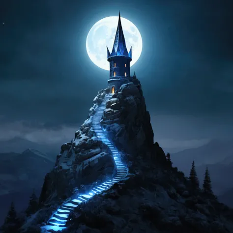 An evil sorcerers tower (dark and ominous, glassy opaline stone) on a mountain top, has decided to improve his image, and decorated his tower for Christmas, moonlit mountain top
