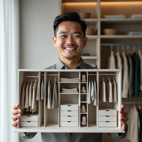 A confident Indonesian man smiles, holding a model of a luxurious wardrobe resembling a house-like structure, designed in a U-shape with multiple sections. Each section integrates drawers, shelves, and hanging spaces, creating a seamless, sophisticated lay...