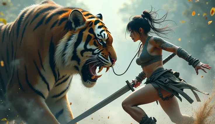 Young pretty Japanese woman, wearing coarse tattered ripped knit and shorts, dirty and ripped boots, messy hair, with ink-like tendrils flowing from her body, in dynamic action pose beside a large menacing and scary (tiger), (masterpiece), ultra realistic,...