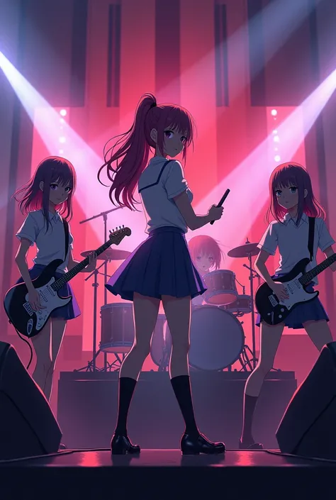 masterpiece,best quality,girlsband,drummer,guitarists,pianist,drum set,electric guitar,bass guitar,keyboard,anime highschool girls,best drummer in the world