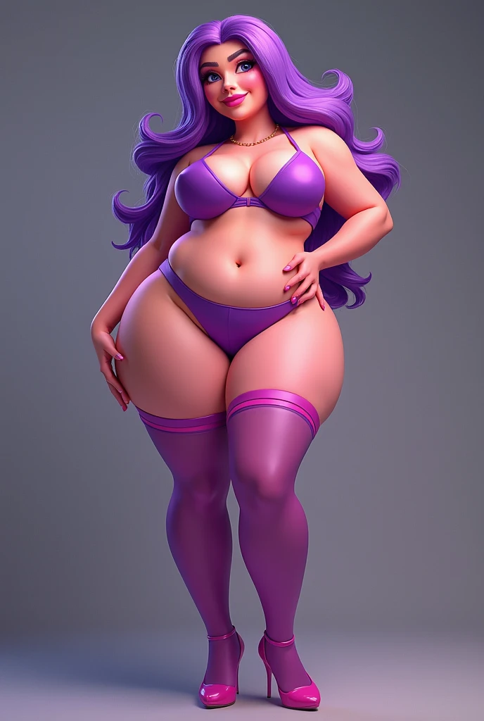 A thick woman whit pink skin and purple hair wearing a bikini, purple stockings and pink heels